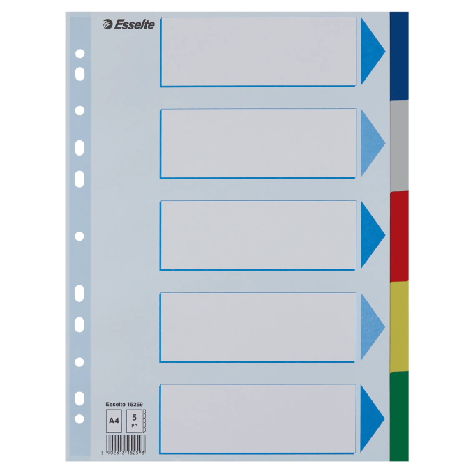 Separatoare din plastic A4, 5 buc/set, diferite culori, Esselte