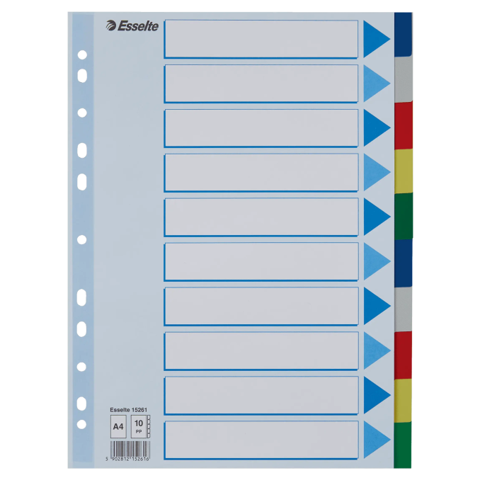 Separatoare din plastic A4, 10 buc/set, diferite culori, Esselte