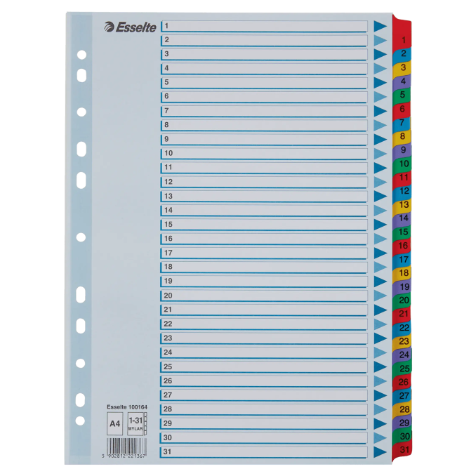 Separatoare din carton A4, index laminat 1-31, Esselte Mylar