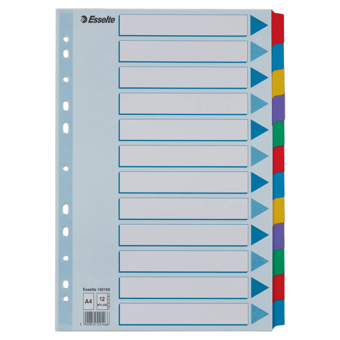 Separatoare din carton A4, index laminat color, 12 buc/set, Esselte Mylar