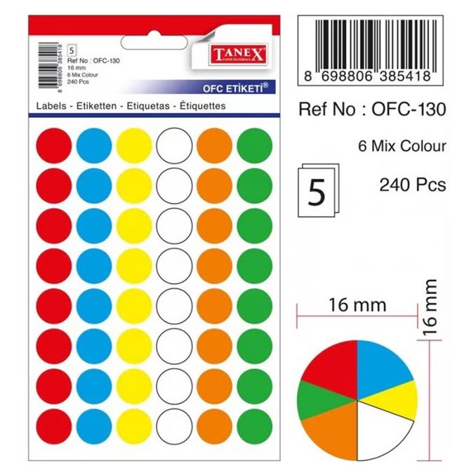 Etichete autoadezive - Etichete autocolante color Tanex, D16mm, 240 buc/set, mix culori fluorescente