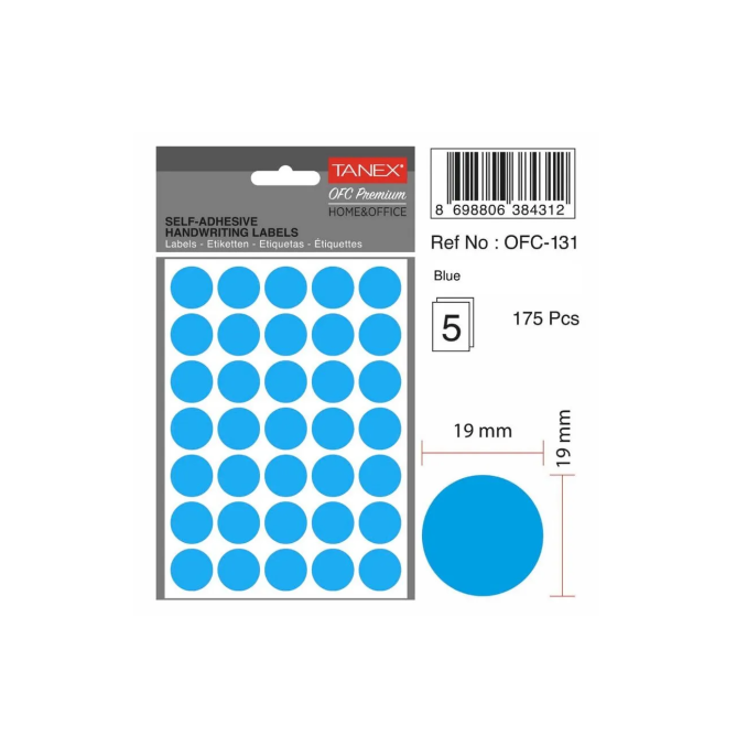 Etichete autoadezive - Etichete autocolante color Tanex, buline D19mm, 175 buc/set, albastru